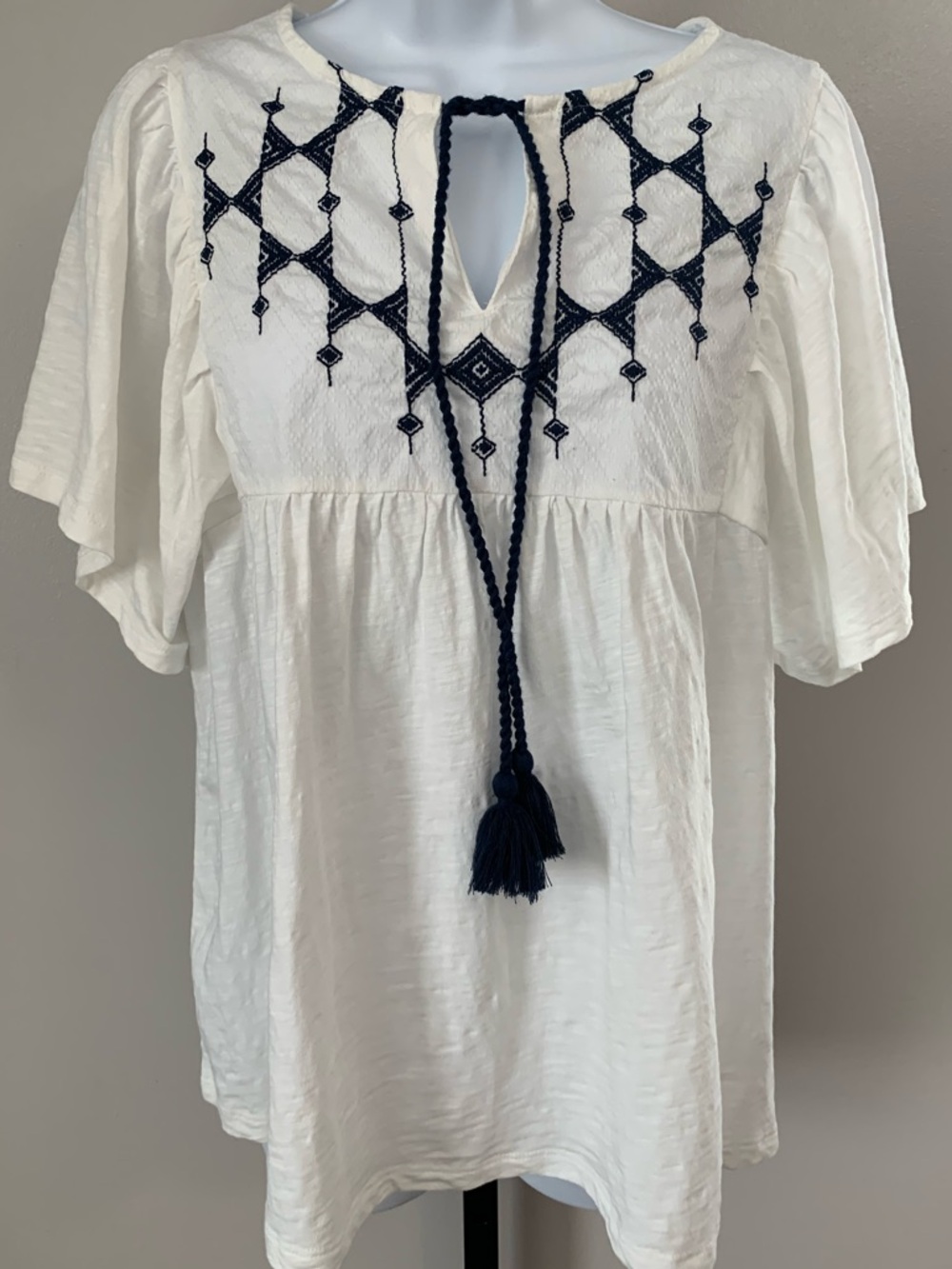 Knox Rose White Tunic with Navy Embroidered Yoke and Tassels